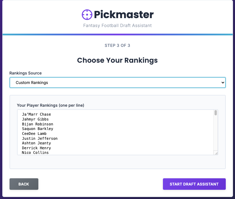 Pickmaster draft interface with player recommendations and live draft tracking