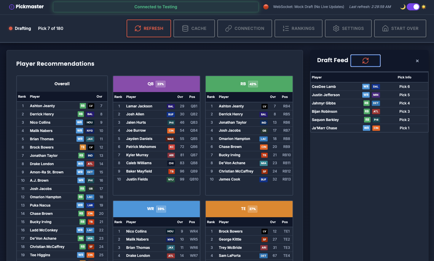 Pickmaster setup screen showing custom player rankings input