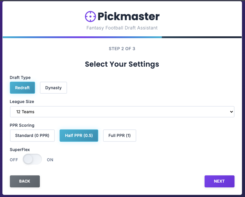 Pickmaster settings screen with draft type, league size, and scoring options
